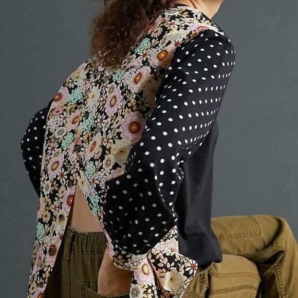Anthropologie Maeve Split-Back Top Blouse Black Polka Dot Floral Medium Cotton - Picture 2 of 10